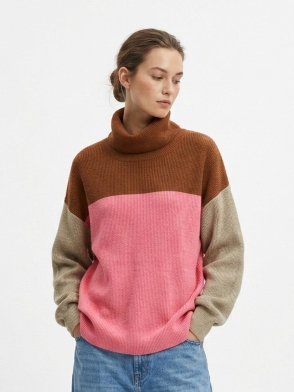 Free People Sweater Cowl Neck Colorblock Cozy Pink Brown Oversized M